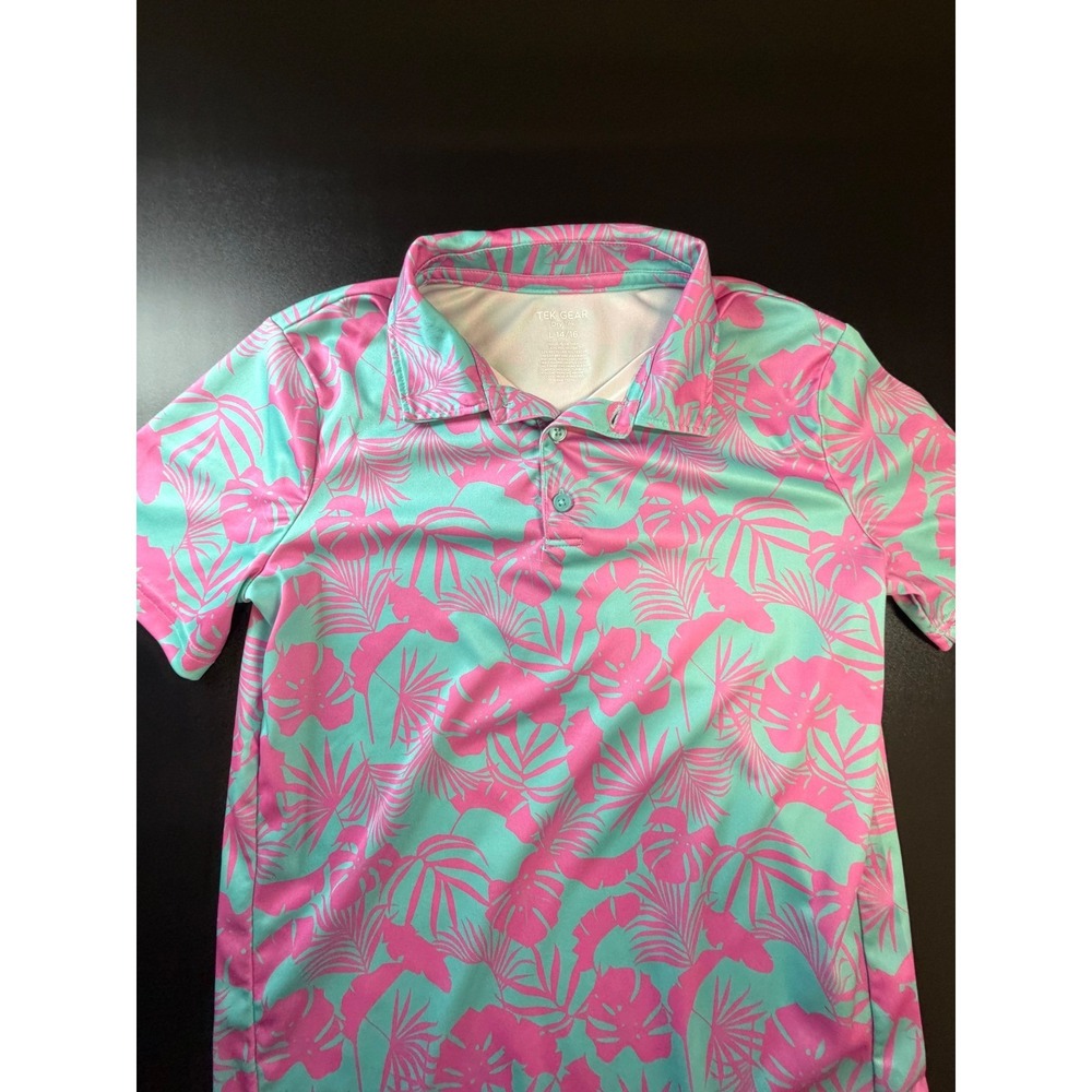 Tek Gear Boys Dry Tek Tropical Palm Polo Shirt Pink Turquoise Size L 14/16 K2